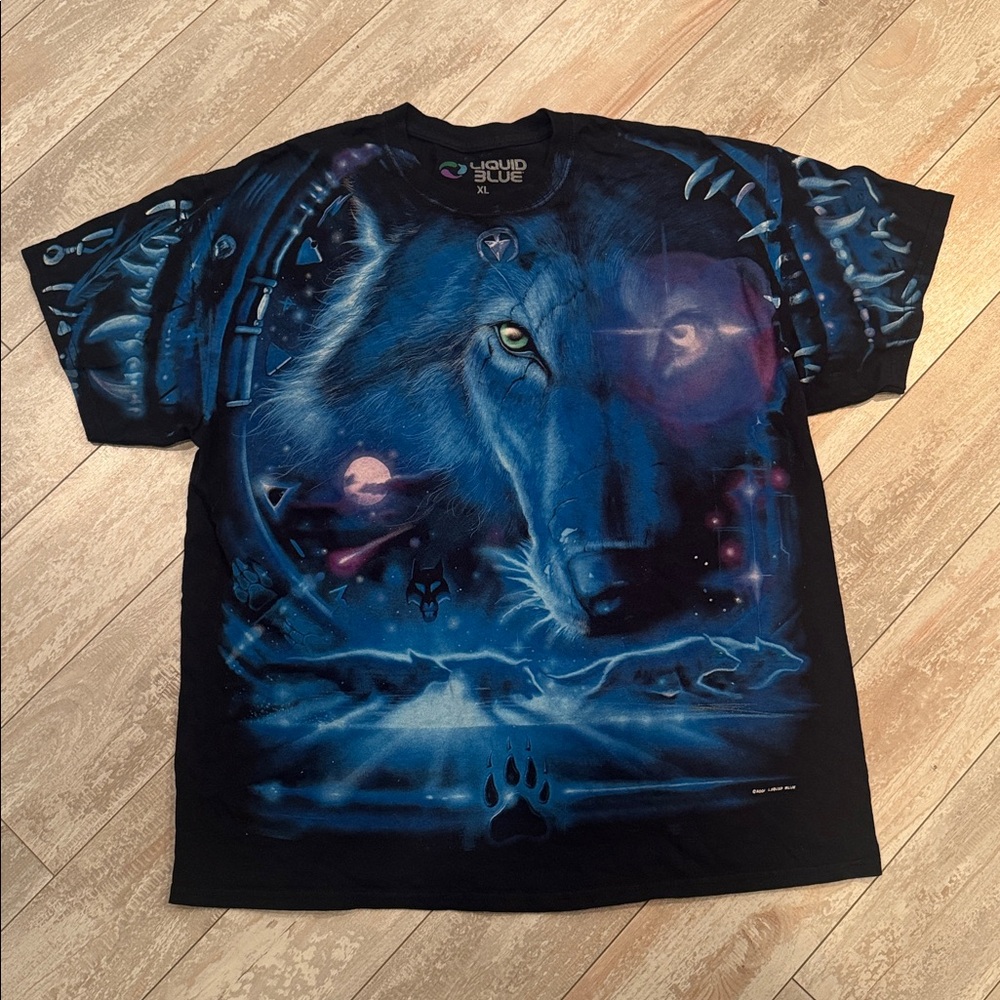 Vintage 2001 Liquid Blue Great Wolf Lodge Wolf All Over Print‎ T-Shirt Size XL